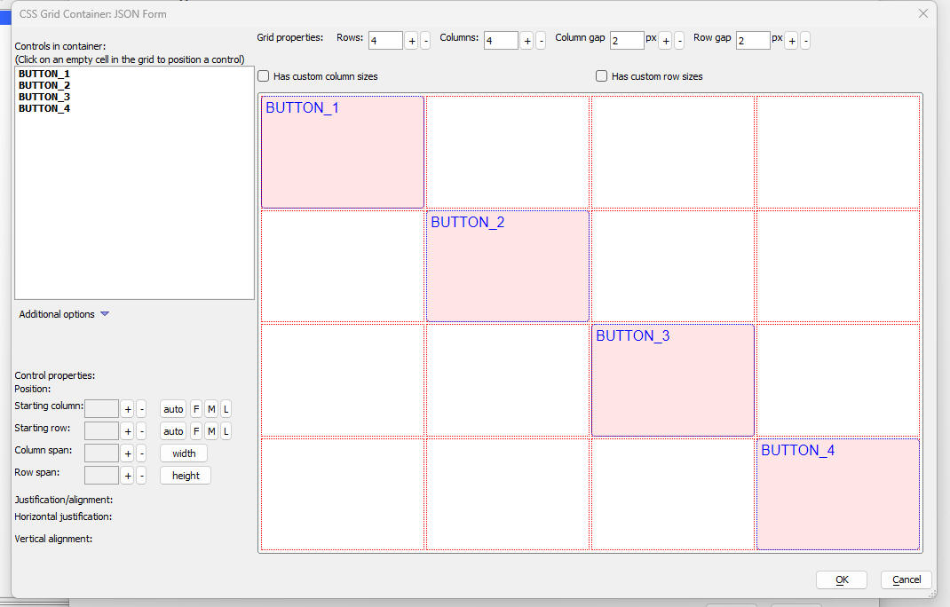 The CSS Grid Builder interface showing the grid and control list.